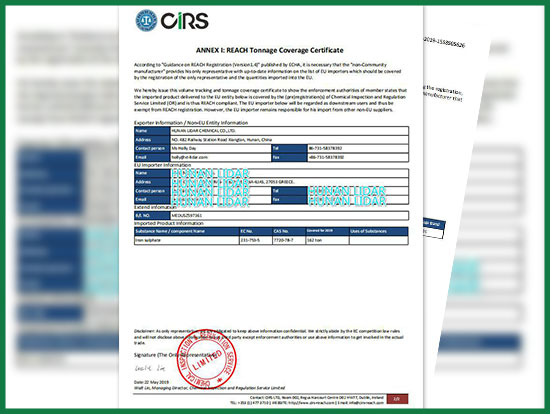 ANNEX I:REACH Tonnage Coverage Certificat